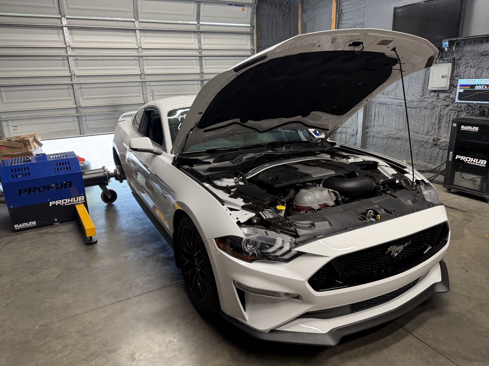 A white Mustang GT with the hood up, strapped down on the dyno at Kessel's Tuning
